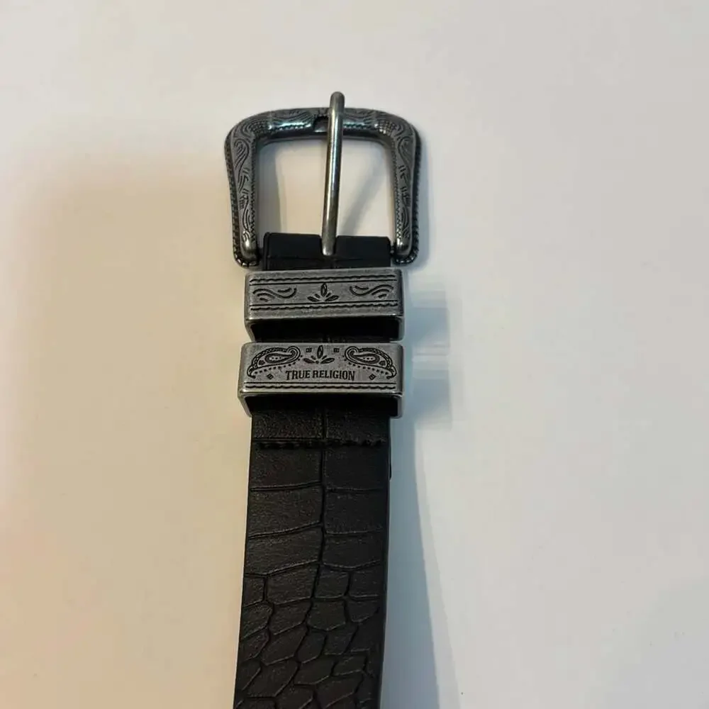 True Religion Mens Black Crocodile Embossed Western Belt